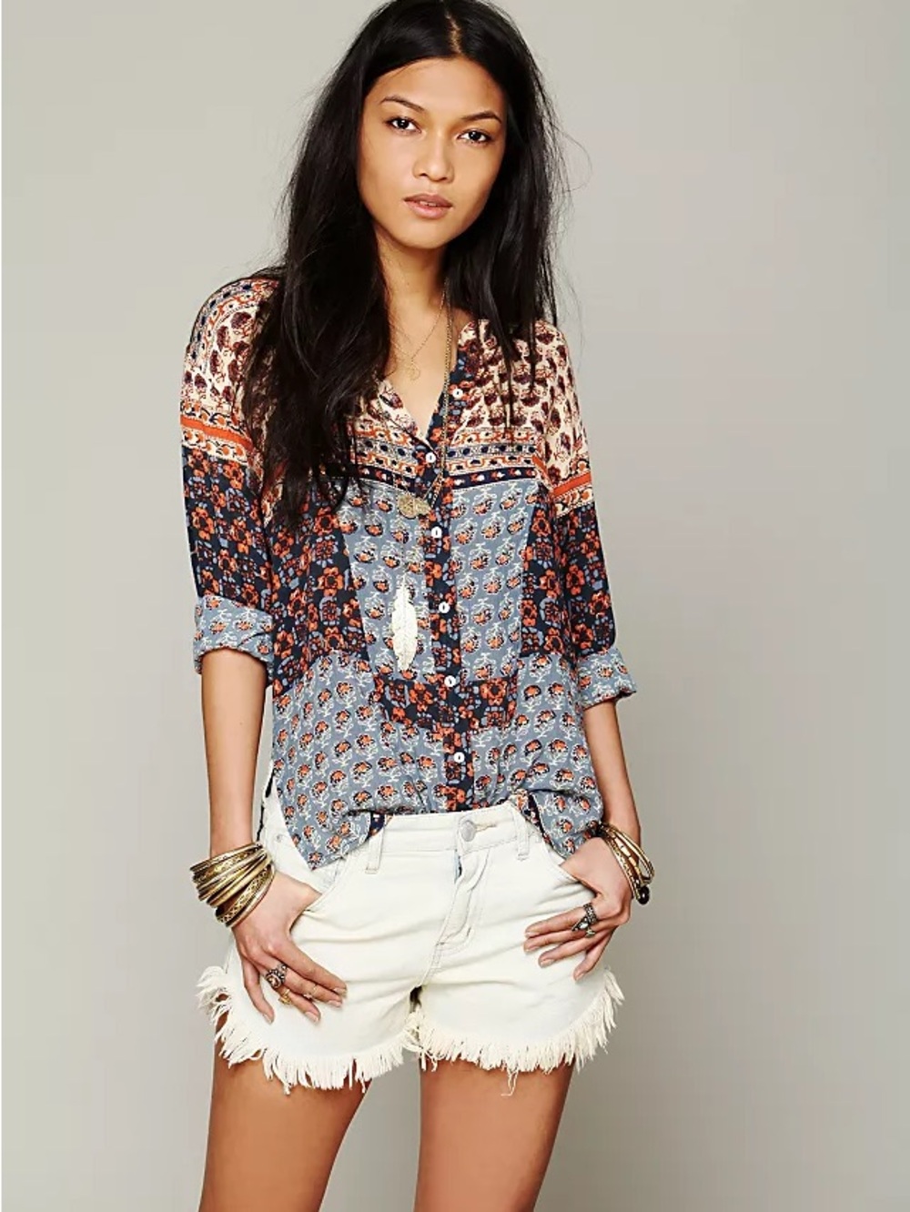 Free People Blue & Orange Patchwork Button-Down Blouse